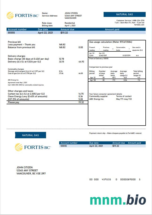 Kanada British Columbia FortisBC rachunek za media szablon w formacie Word i PDF